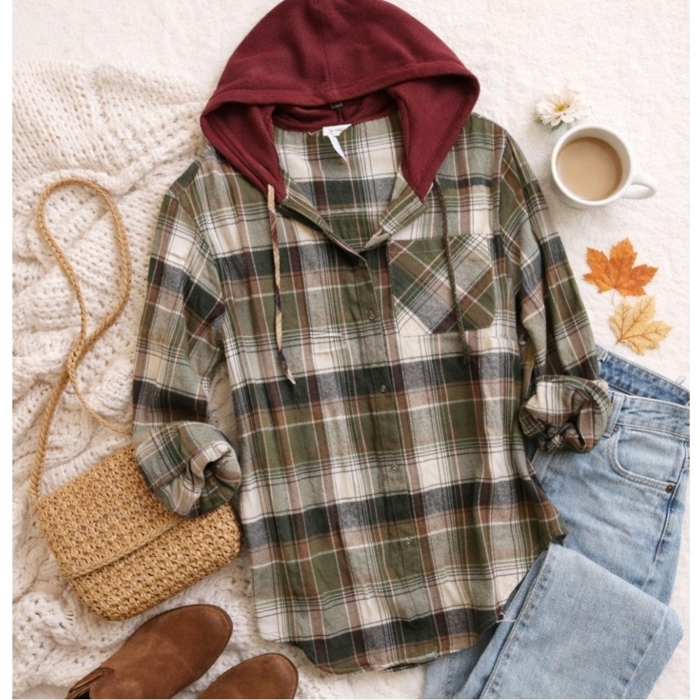 Plaid Hooded Flannel Shirt Women Green Brown Burgundy Hoodie Top Casual Cozy